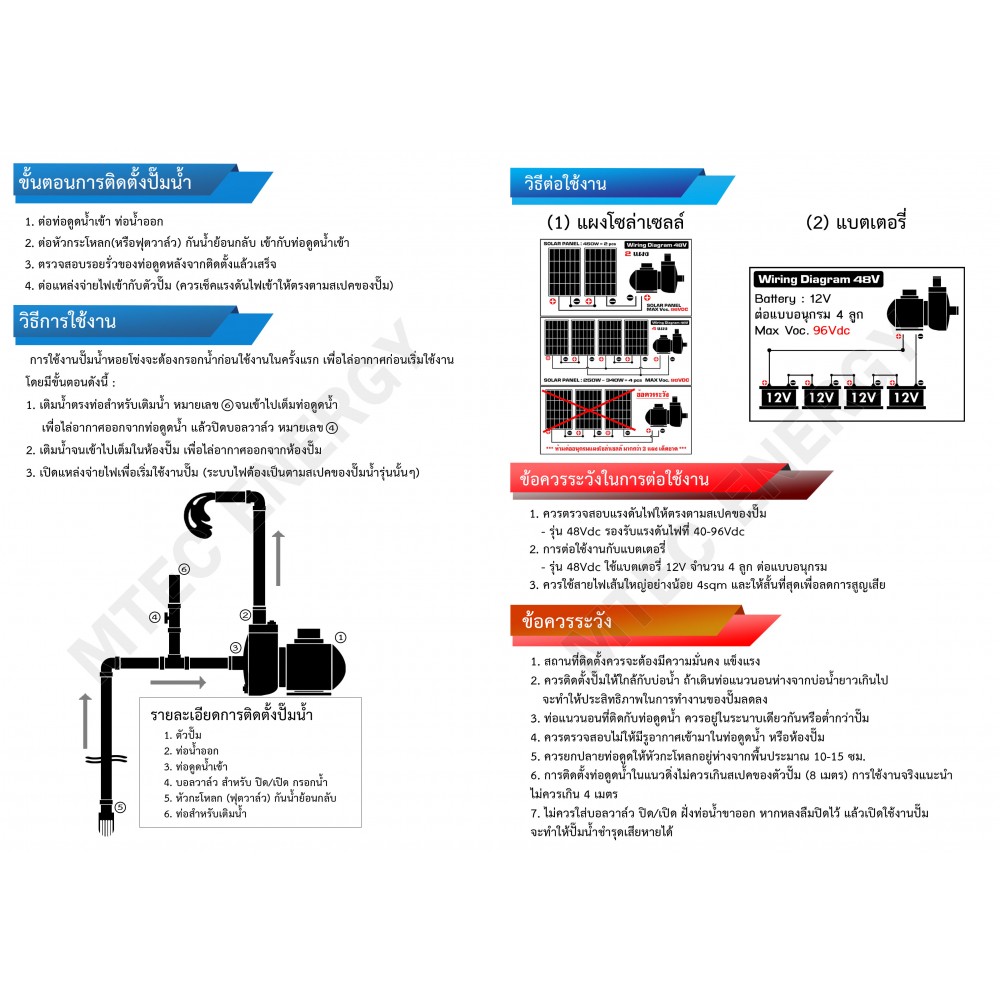 ปั๊มน้ำหอยโข่งโซล่าเซลล์ 920W 48VDC ยี่ห้อMTEC รุ่น GTW3-920-48 (ท่อ 3 นิ้ว)